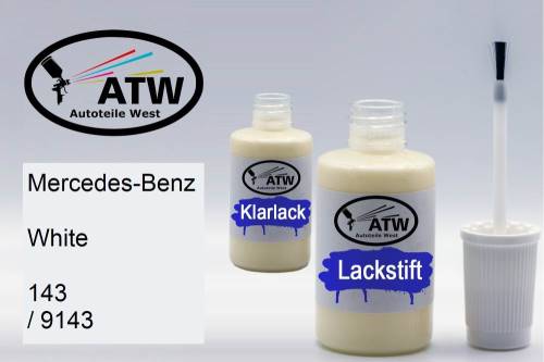 Mercedes-Benz, White, 143 / 9143: 20ml Lackstift + 20ml Klarlack - Set, von ATW Autoteile West.